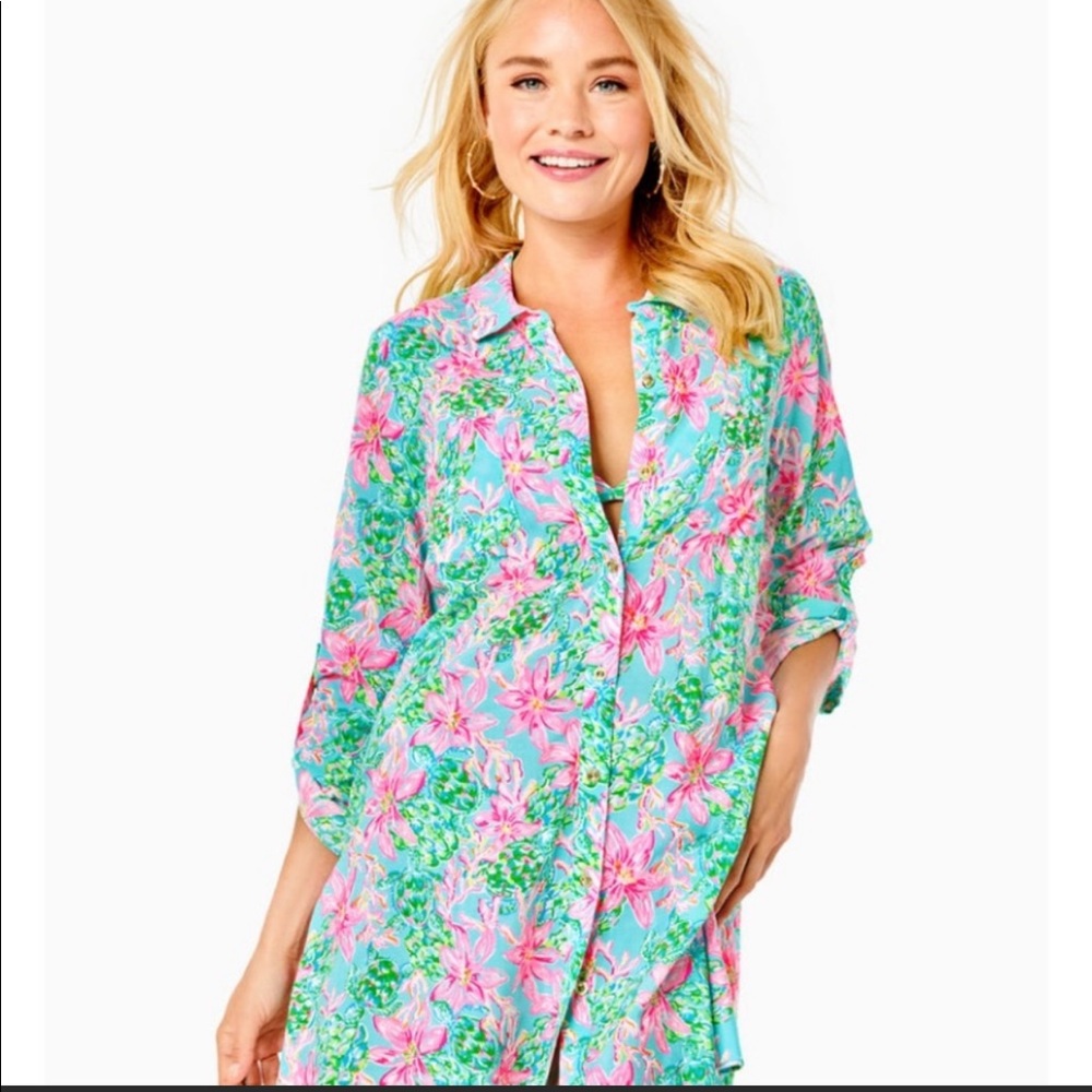 Lilly Pulitzer Pink and Green Floral Swim Coverup